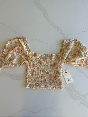 Billabong Yellow Floral Smocked Puff-Sleeve Crop Top